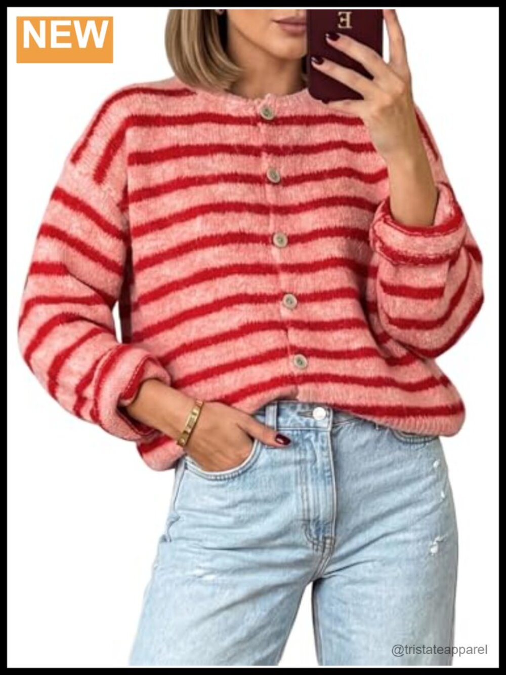 Striped Button Front Cropped Cardigan Long Sleeve Soft Sweater